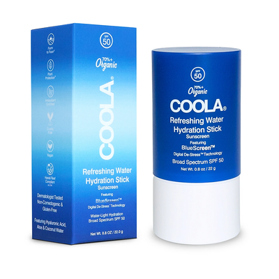 Coola Refreshing Water Hydration Stick SPF 50 with organic Aloe and Coconut Water, ideal for daily sun protection.