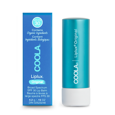 Classic Liplux® Organic Lip Balm Sunscreen SPF 30 in packaging, offering broad spectrum UVA/UVB protection and hydration.
