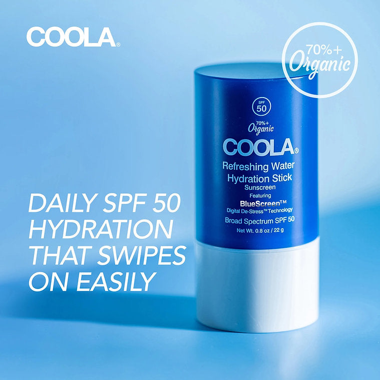 COOLA Refreshing Water Hydration Stick SPF 50, organic sunscreen for easy daily hydration and protection.