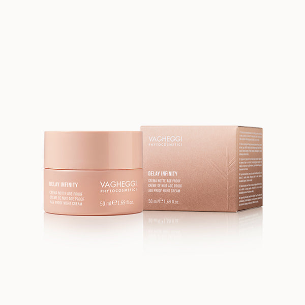 Delay Infinity Age Proof Night Cream by Vagheggi in a jar and box, enriched with shea butter and crocus extract for youthful skin.