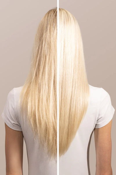 Comparison of hair before and after using Instant Bonding Glow serum, showcasing increased shine and smoothness.
