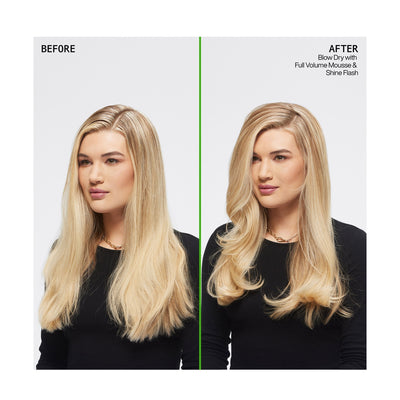 Before and after comparison of hair styled with Redken Full Volume Mousse, showcasing maximum volume and lift.
