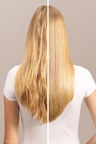 Comparison of hair before and after using Instant Bonding Glow serum, showing enhanced shine and smoothness.