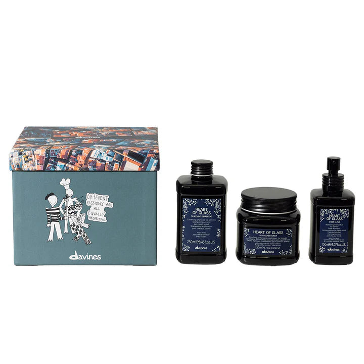 Davines Heart of Glass Gift Set featuring shampoo, conditioner, and sheer glaze for blonde hair enhancement.