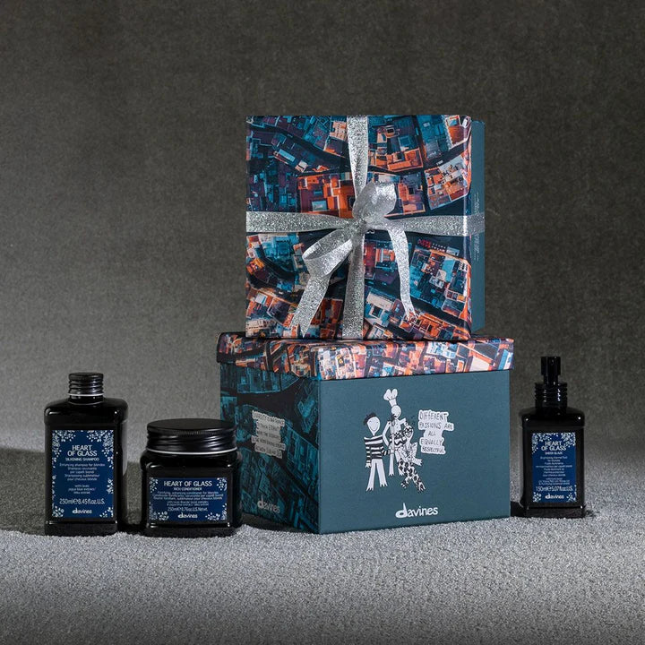 Heart of Glass Gift Set by Davines featuring shampoo, conditioner, and sheer glaze in a decorative gift box.