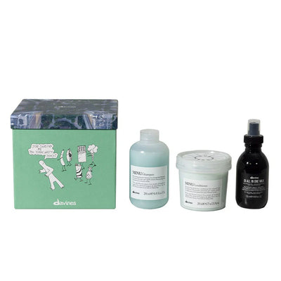 Davines Minu Oi Gift Set featuring Minu Shampoo, Minu Conditioner, and OI All-in-One Milk in decorative packaging.