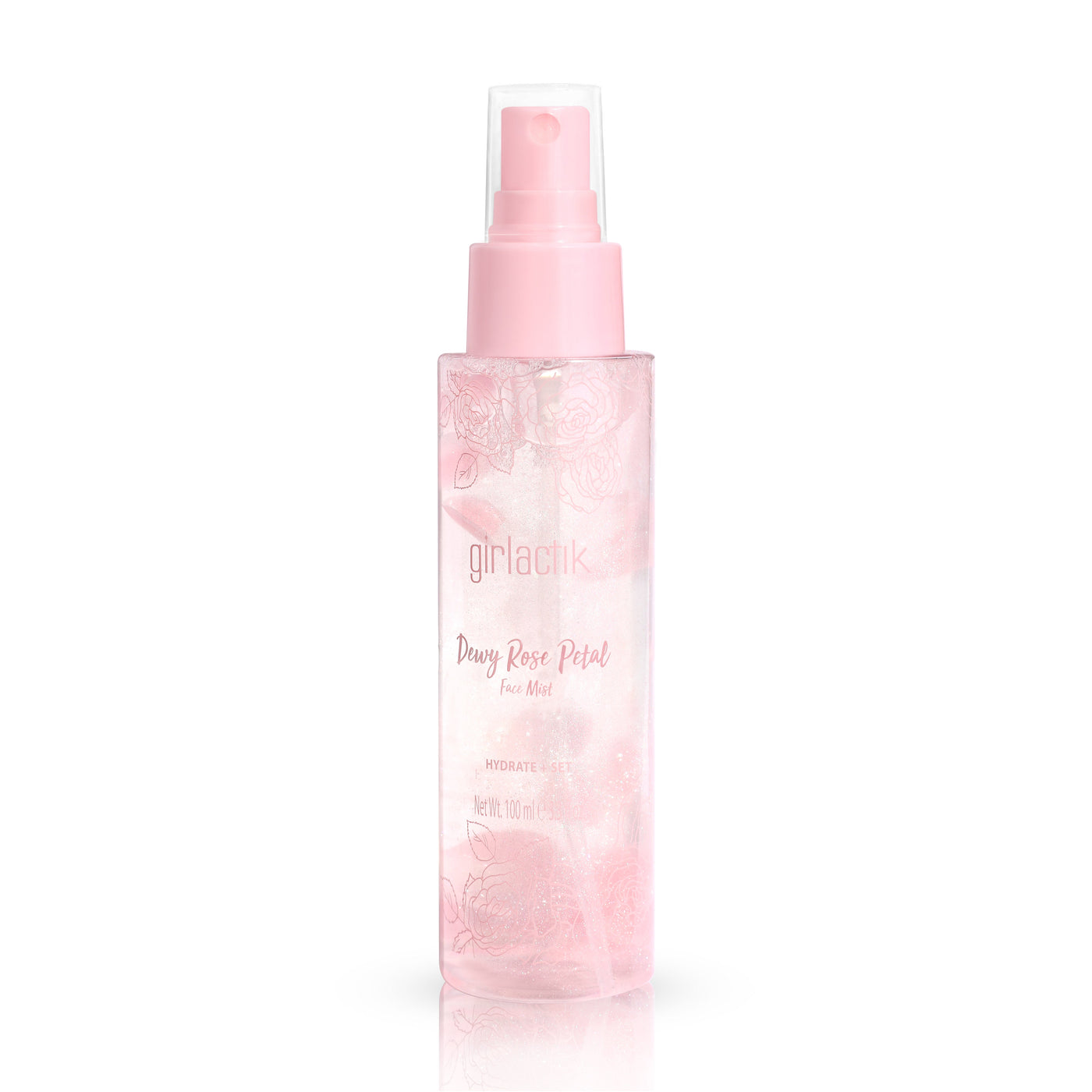 Rose Petal Dewy Face Mist in a clear bottle with pink accents, perfect for hydration and setting makeup.