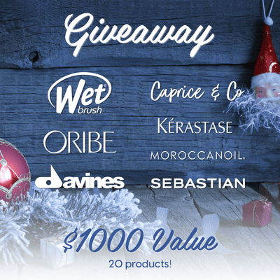 Hair care product giveaway featuring brands like Wet Brush, Caprice & Co, Oribe, Kérastase, Moroccanoil, Davines, Sebastian with $1000 value