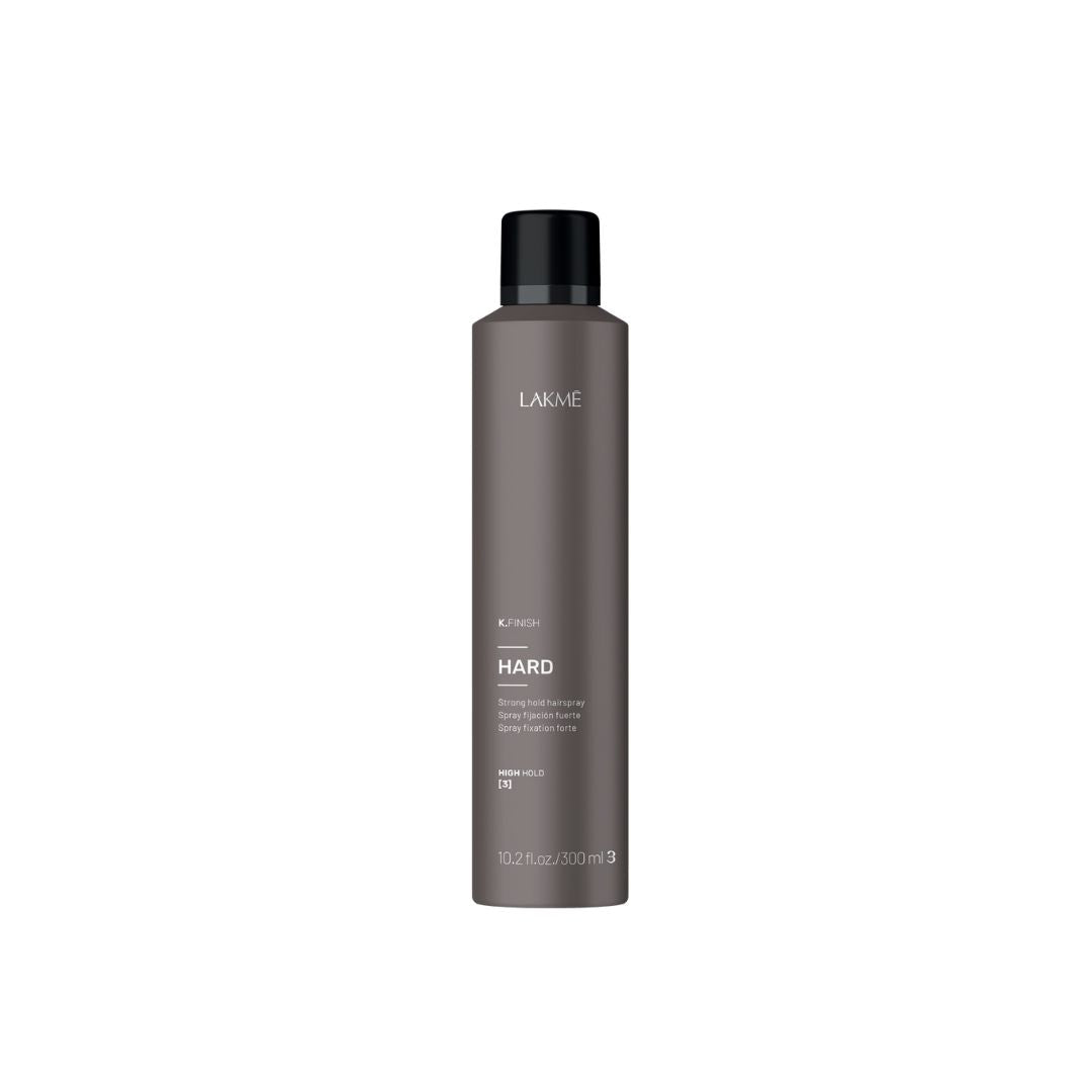 K.Finish Hard Strong Hold Hairspray in sleek gray bottle for ultra-strong and long-lasting hair hold, 10.2 fl oz.