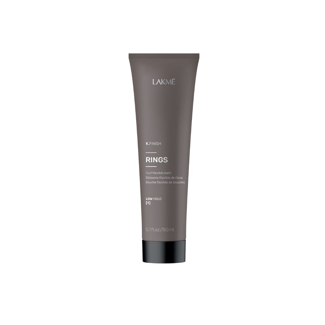 K.Finish Rings Curl Flexible Balm for curly hair, providing definition, shine, and frizz control in a sleek tube.