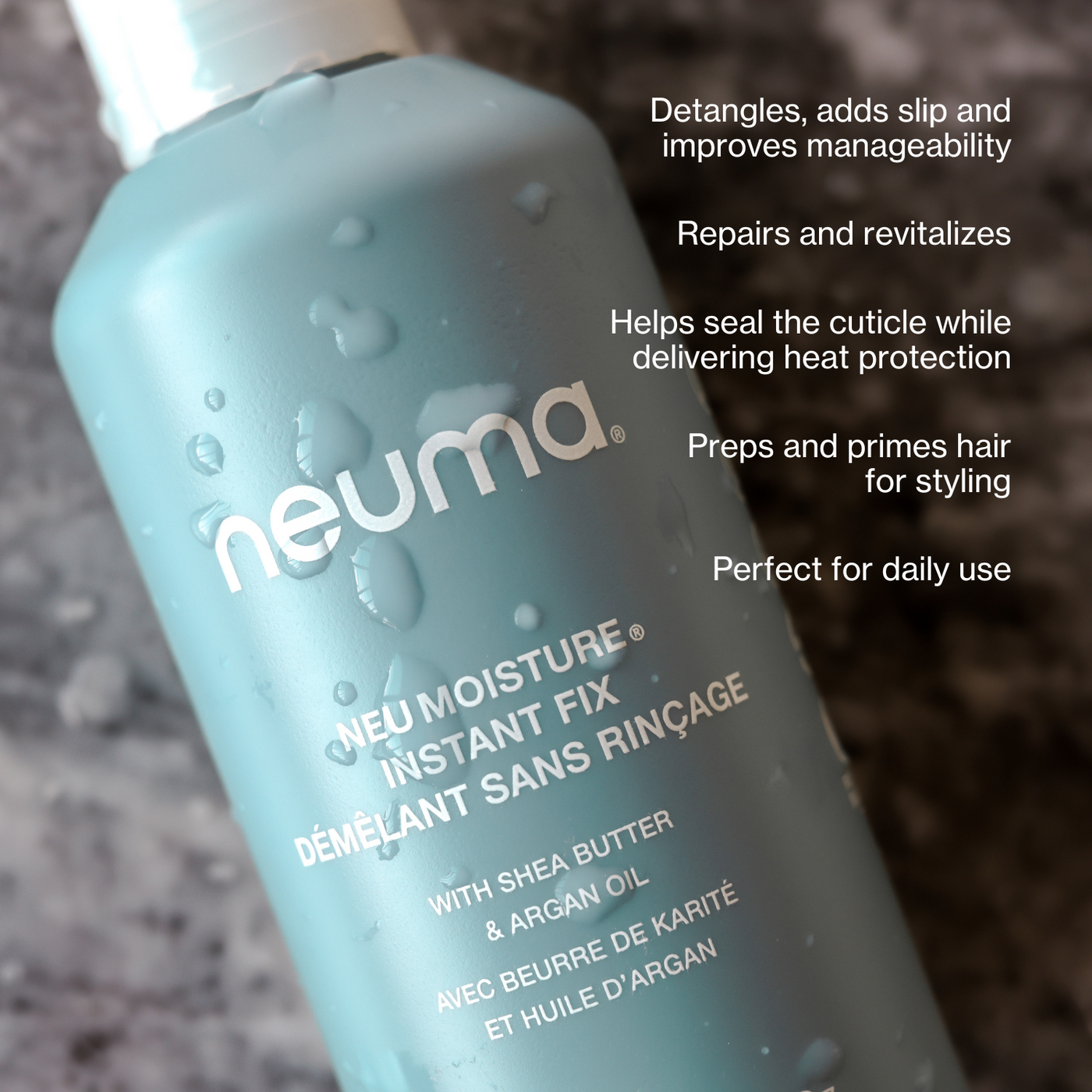 Neu Moisture Instant Fix spray bottle for detangling, hydration, and daily hair protection with shea butter and argan oil.
