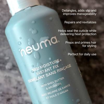 Neu Moisture Instant Fix spray bottle for detangling, hydration, and daily hair protection with shea butter and argan oil.