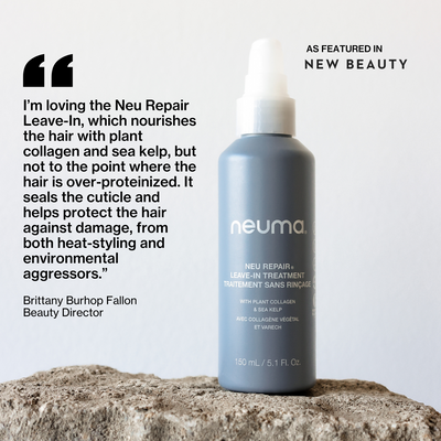 Neu Repair Leave-In Treatment bottle featuring plant collagen, praised for nourishing and protecting hair from damage.