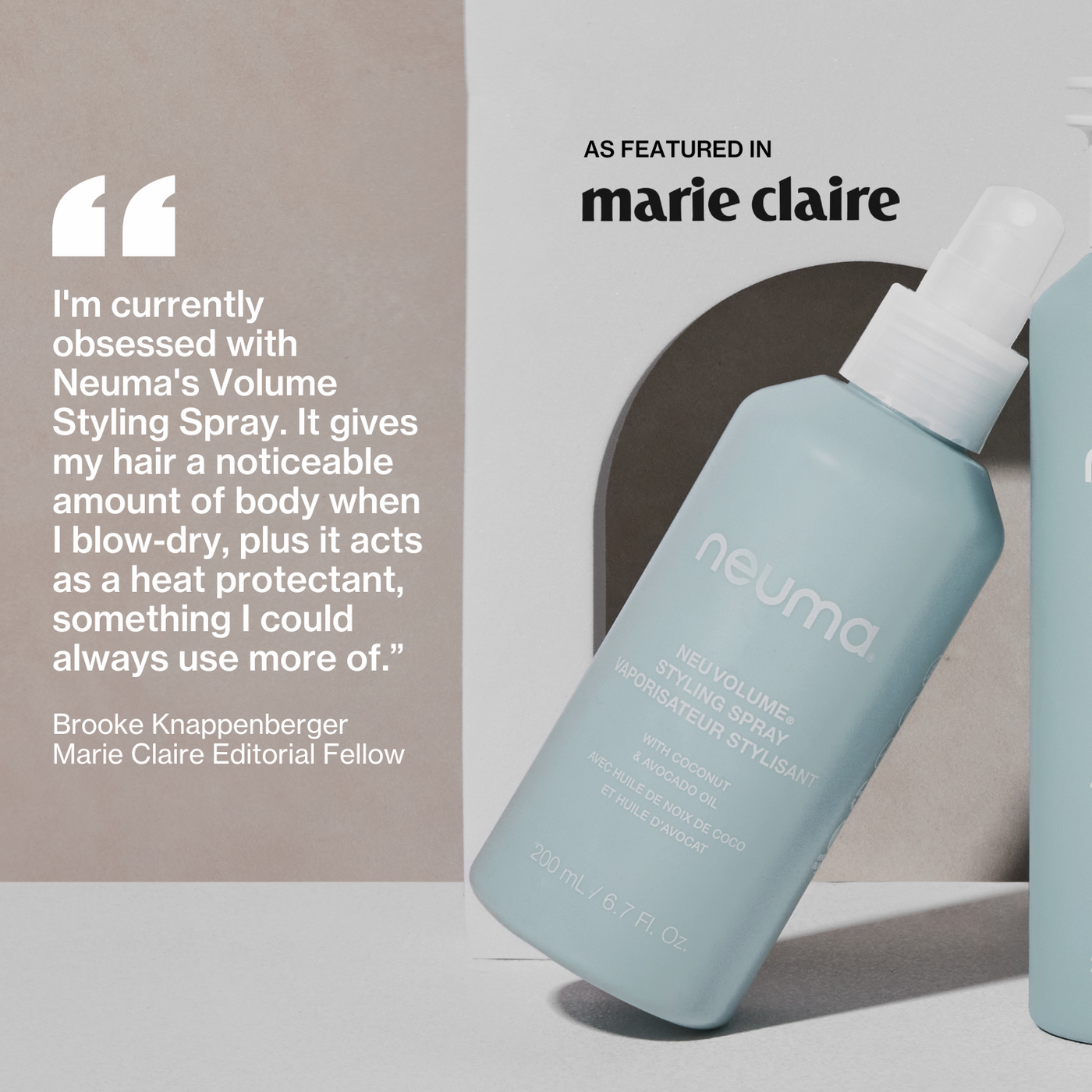 Neuma Volume Styling Spray in packaging with quote from Marie Claire showcasing its volume-boosting benefits.
