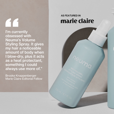 Neuma Volume Styling Spray in packaging with quote from Marie Claire showcasing its volume-boosting benefits.