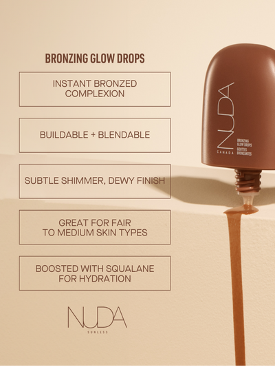 Nuda Bronzing Glow Drops with benefits for instant complexion, buildable coverage, dewy finish, and hydration.
