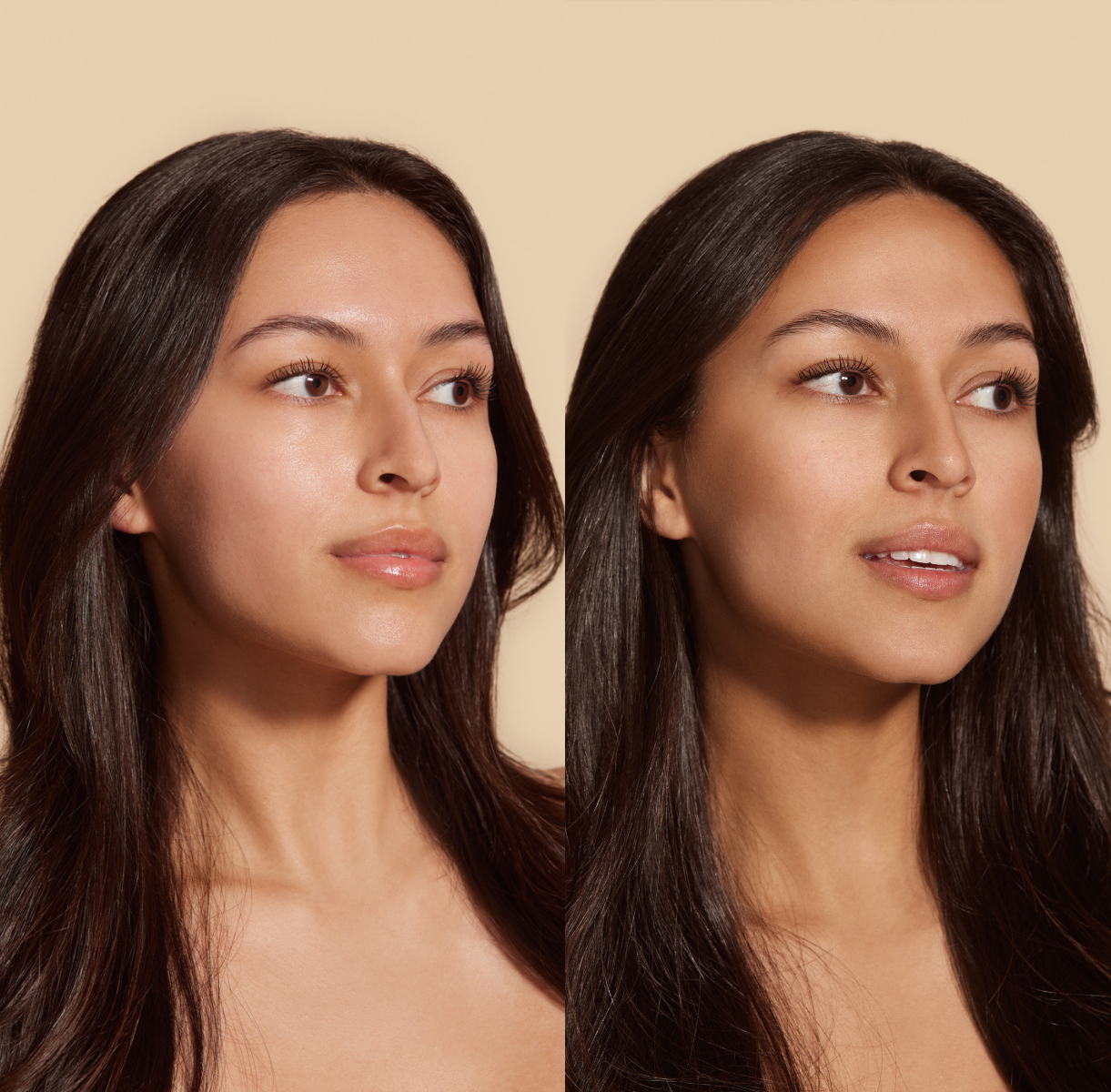 Model showcasing the before and after effects of Nuda's Bronzing Glow Drops for a radiant, sun-kissed glow.