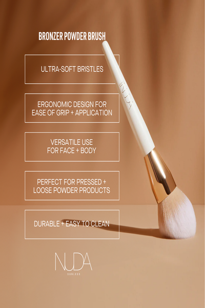 Bronzing Powder Brush with ultra-soft bristles, ergonomic design, versatile use for face and body, easy to clean.
