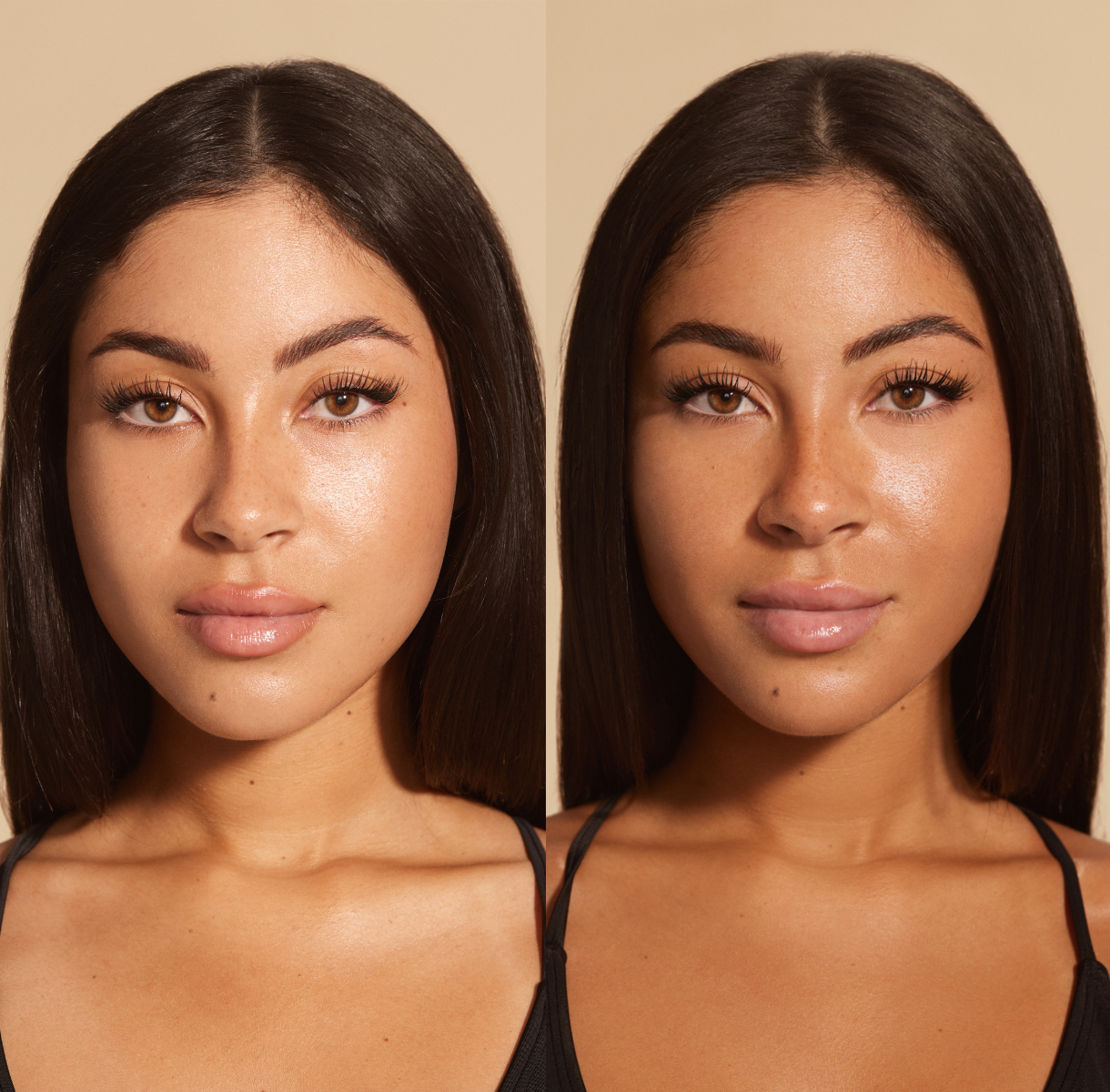 Before and after application of Face Tan Water - Dark showing enhanced natural glow and radiant complexion.