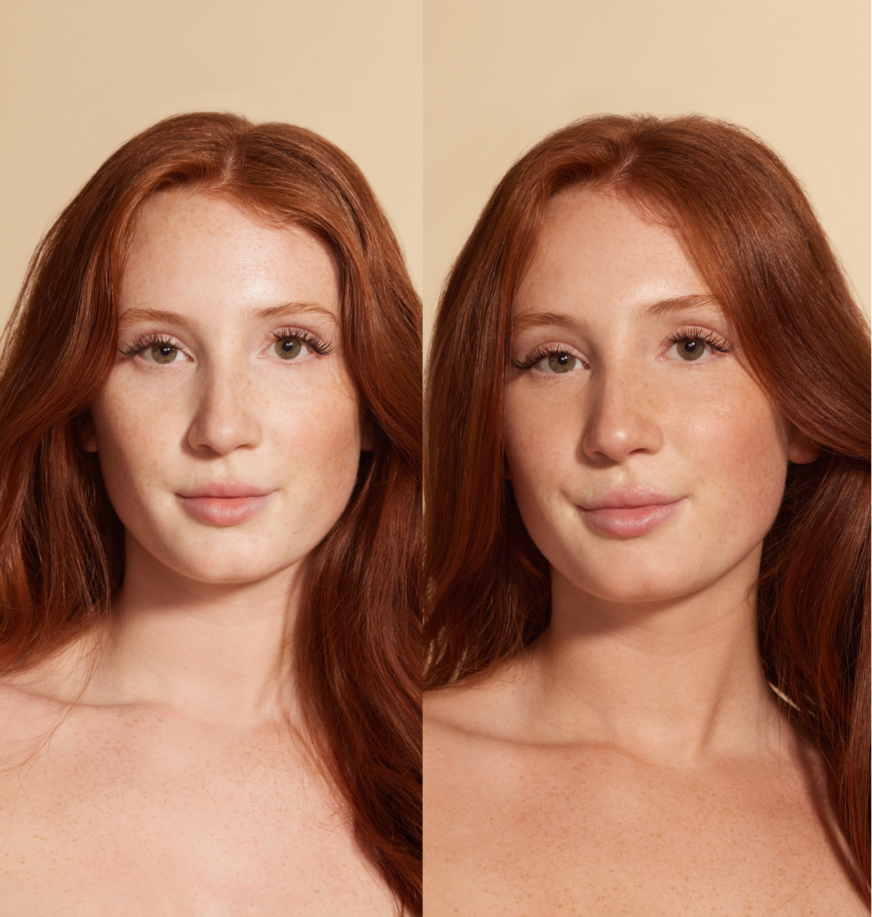 Before and after using Face Tan Water, showing radiant complexion and natural glow on model with red hair.