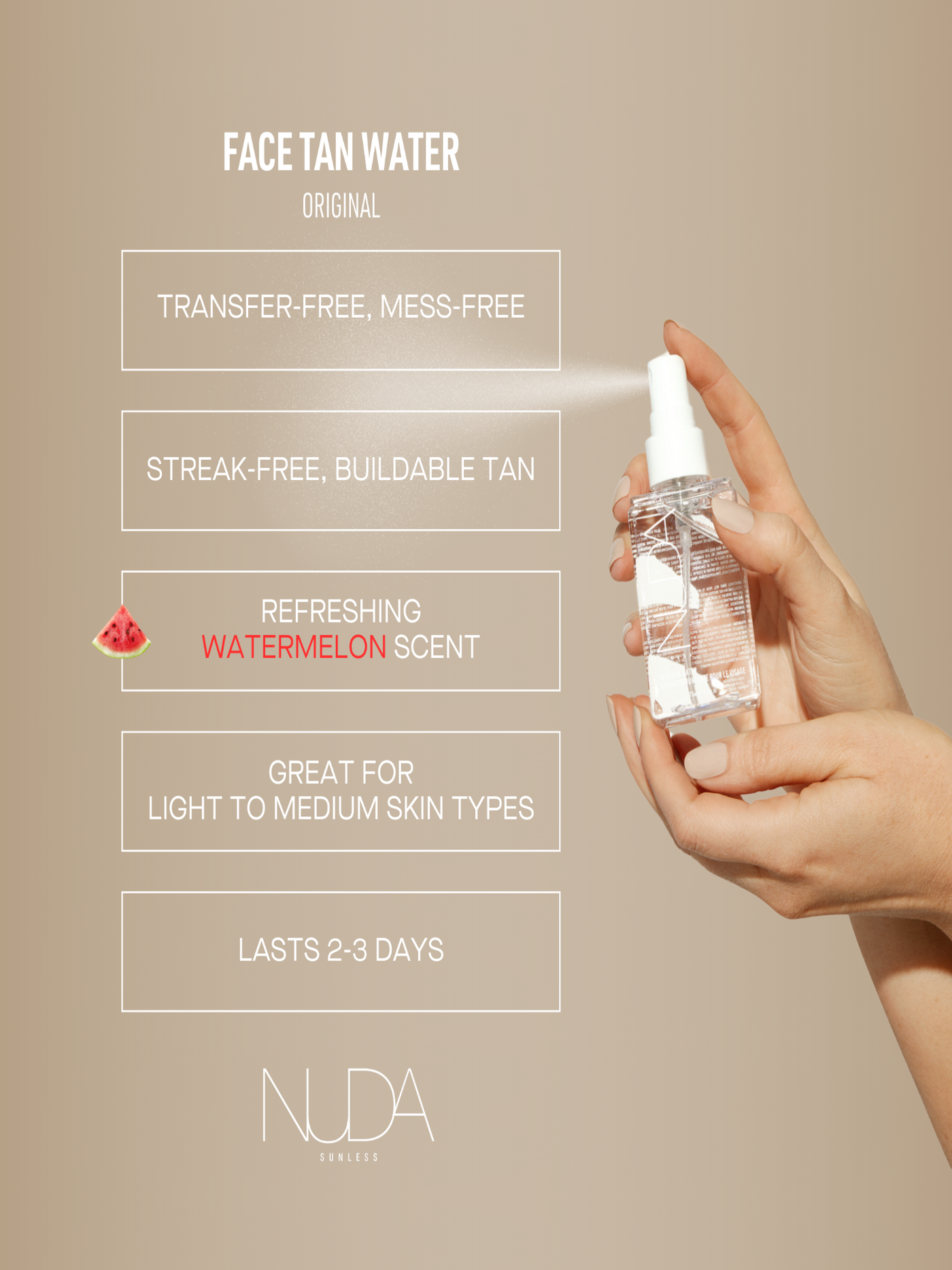 Clear face tan water mist bottle with watermelon scent, promoting streak-free, buildable tan for light to medium skin types.