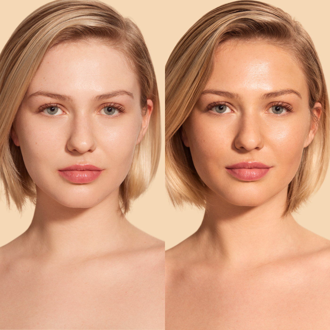 Before and after using Hyaluronic Self Tanning Serum, showing a radiant, sun-kissed glow on the right.