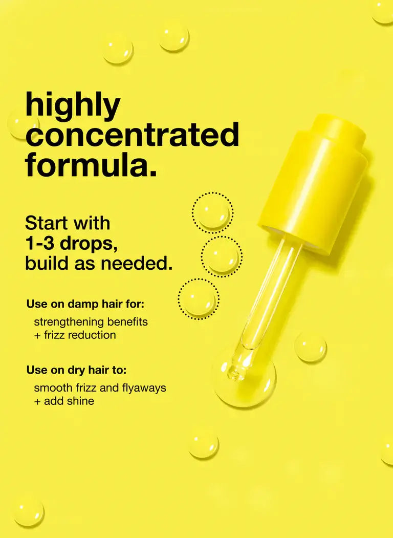 highly concentrated hair oil formula in pipette, designed for frizz reduction and shine enhancement.