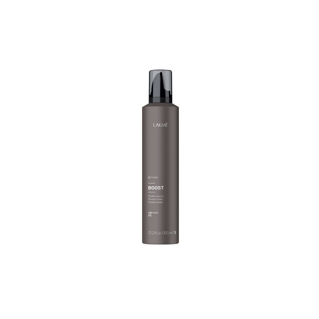 K.Finish Boost Flexible Mousse for fine hair, offering long-lasting volume and light hold with UV protection.