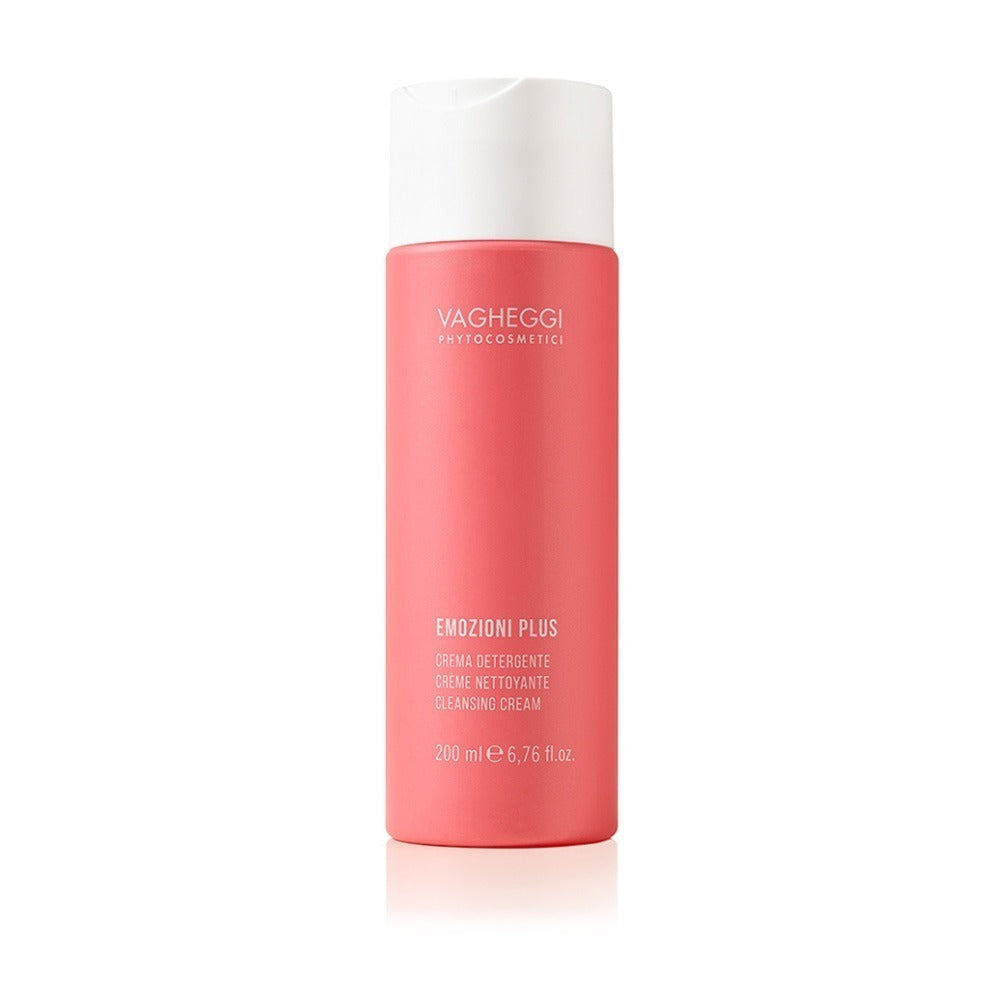 Emozioni Plus Cleansing Cream in a 200 ml bottle, featuring turmeric extracts and blueberry for gentle skin cleansing.