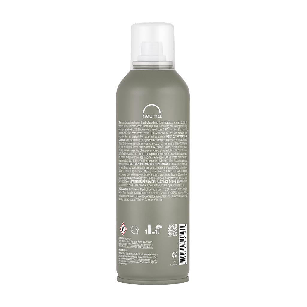 Neuma Re Neu Dry Shampoo bottle, talc-free formula, absorbs oils, adds lift, and refreshes hair with a coconut aroma.
