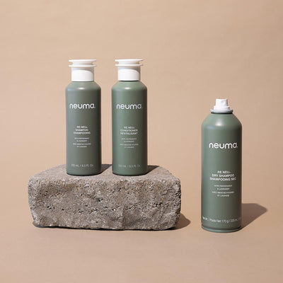 Re Neu Dry Shampoo bottles on a stone, featuring fast-absorbing, talc-free formula for clean, voluminous hair.