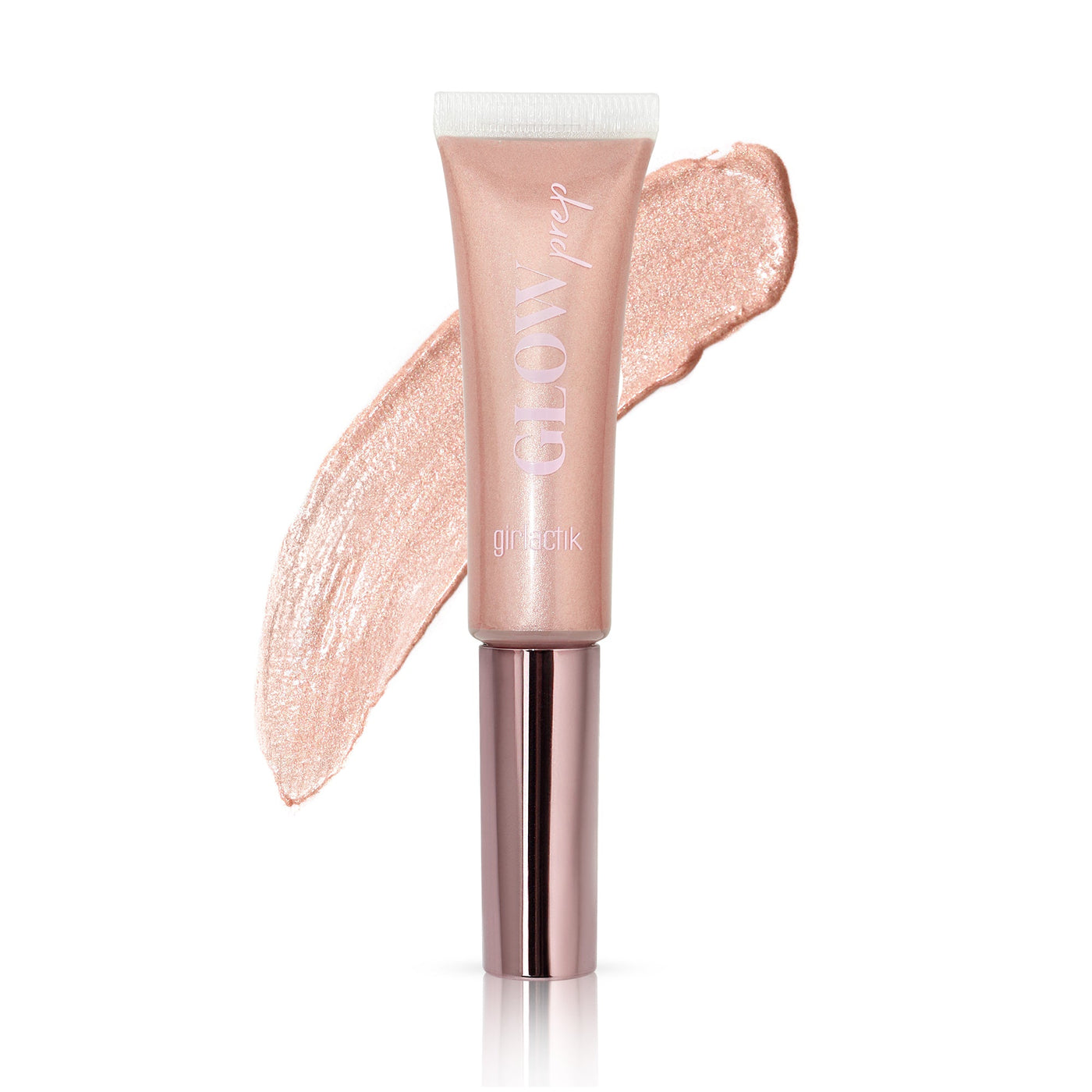 GLOW Prep highlighter tube with pearlescent formula and swatch on a smooth surface, ideal for effortless makeup glow.