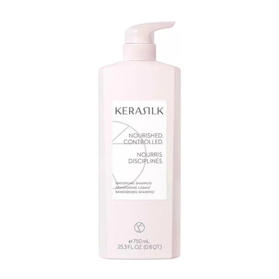 KERASILK Smoothing Shampoo bottle, 750ml, for nourished and controlled hair, perfect for frizz management.