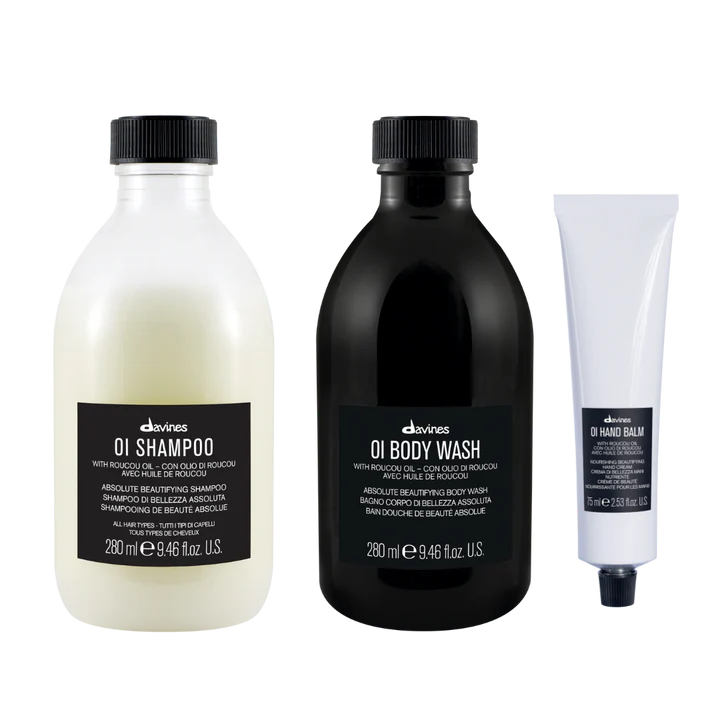 Davines OI Lifestyle Gift Set featuring OI Shampoo, OI Body Wash, and OI Hand Balm for hair and body care.