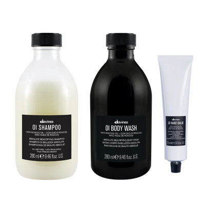 Davines OI Lifestyle Gift Set featuring OI Shampoo, OI Body Wash, and OI Hand Balm for hair and body care.