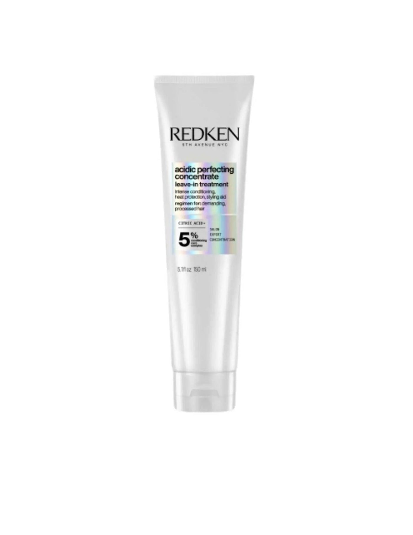 Redken Acidic Perfecting Concentrate Leave-in Treatment tube for restoring pH balance and enhancing hair health.