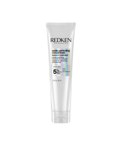 Redken Acidic Perfecting Concentrate Leave-in Treatment tube for restoring pH balance and enhancing hair health.