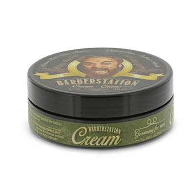 Barberstation Cream product in a green container for medium hold and natural shine, ideal for textured and curly hair.