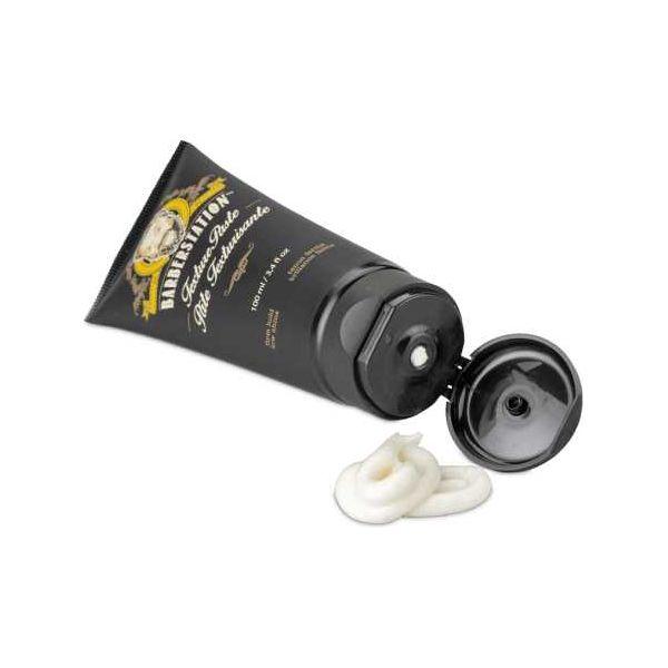 Barberstation Texture Paste tube and product showcasing its flexible styling cream for messy, textured hairstyles.
