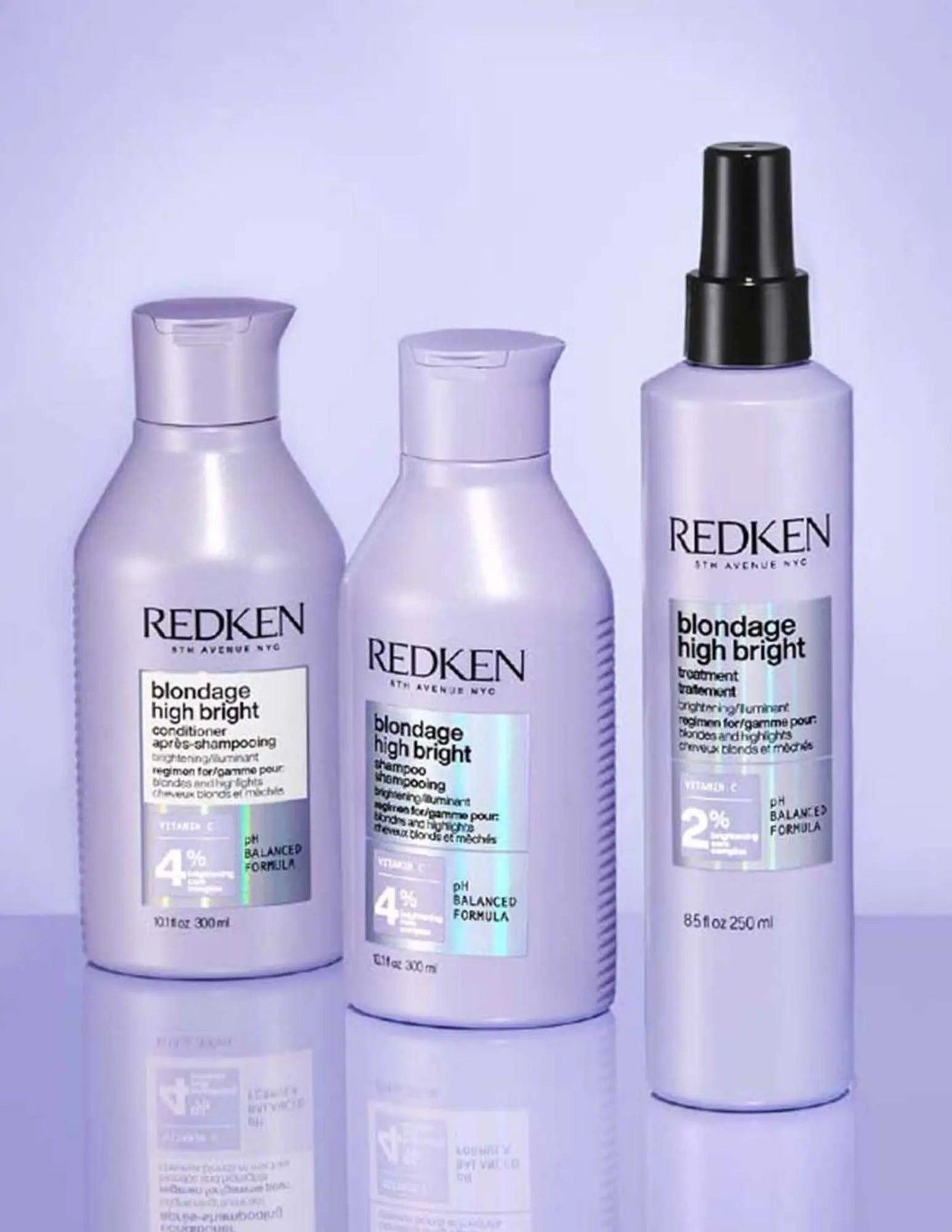 Redken Blondage High Bright shampoo, conditioner, and leave-in treatment for vibrant blonde hair care.