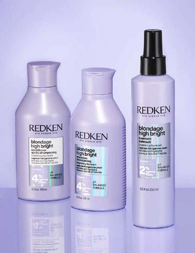 Redken Blondage High Bright shampoo, conditioner, and leave-in treatment for vibrant blonde hair care.