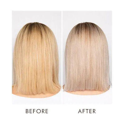 Before and after results of using Moroccanoil Blonde Perfecting Purple Shampoo for vibrant, cool-toned hair.
