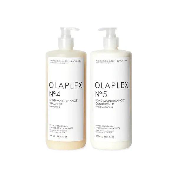 Olaplex No.4 Bond Maintenance Shampoo and No.5 Conditioner set for healthy, shiny hair repair and protection.