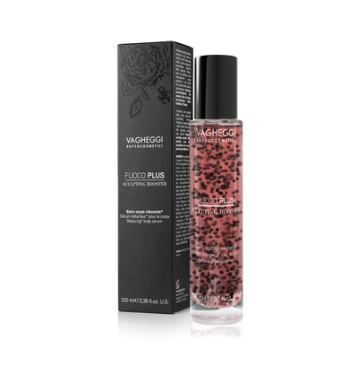 Fuoco Plus Sculpting Booster by Vagheggi in a sleek bottle, designed to reduce body imperfections and enhance elasticity.