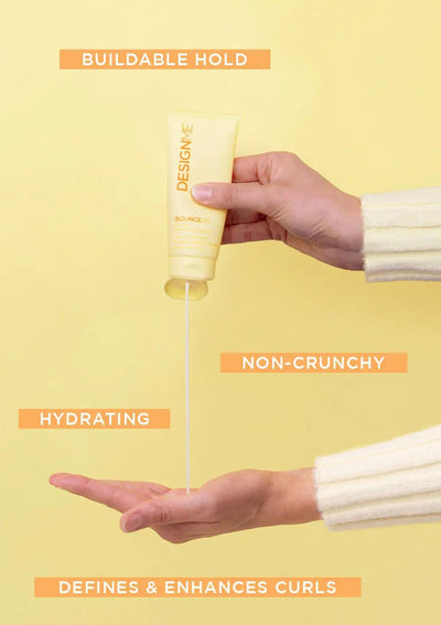 Hand holding BOUNCE.ME curl product, showcasing buildable hold, hydration, and curl definition features.