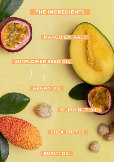 Ingredients for BOUNCE.ME Curl Glitz Kit including mango extract, sunflower seed oil, and shea butter on a colorful background.