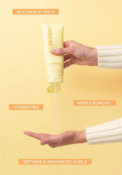 Hand pouring DESIGN.ME BOUNCE.ME curl product, highlighting buildable hold, hydration, and non-crunchy finish for defined curls.