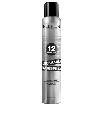 Redken Brushable Medium Hold 12 Hairspray in a silver canister for flexible hold and natural finish, suitable for all hair types.
