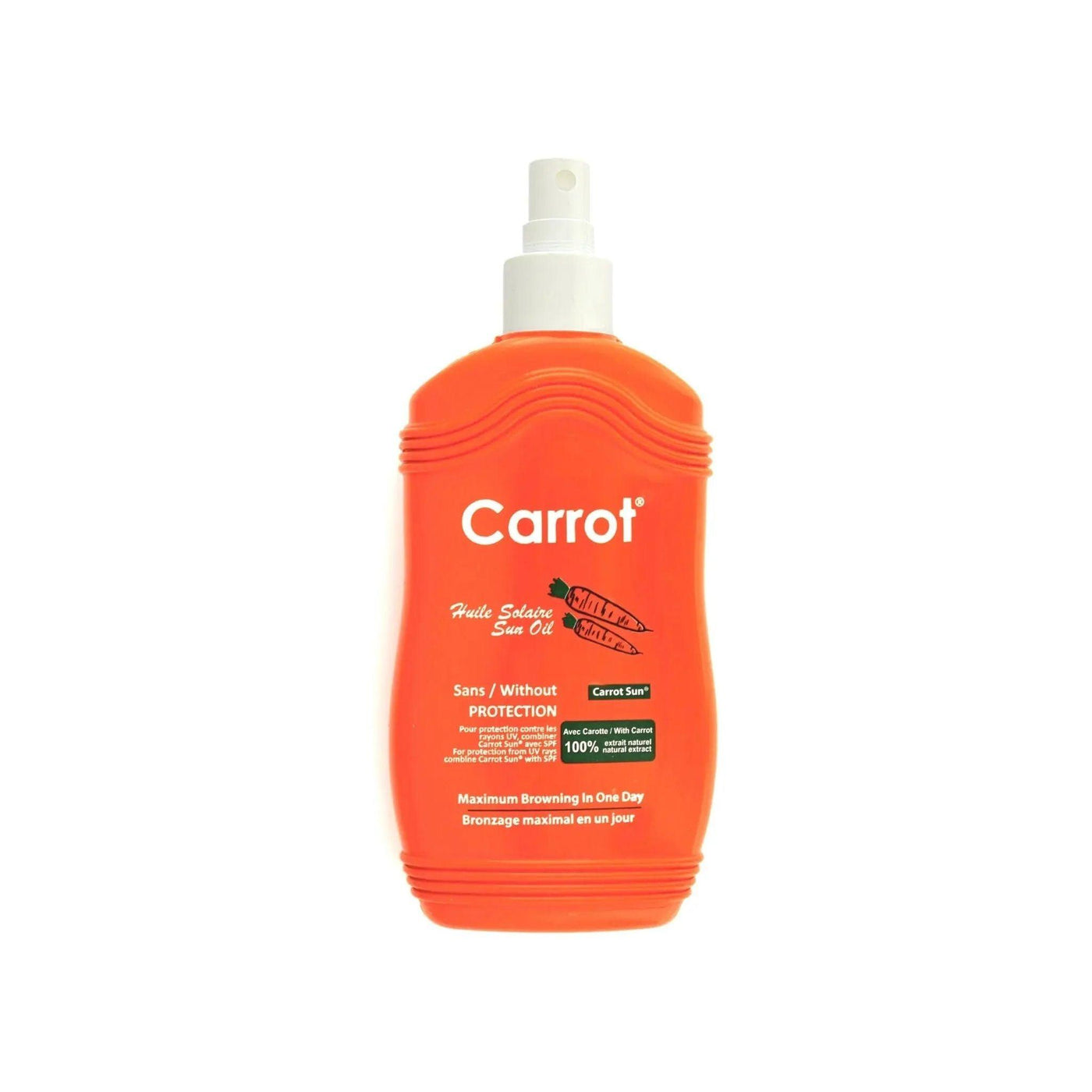 Carrot Spray Oil 200ml bottle, designed for rapid tanning and enhancing natural sun-kissed glow.