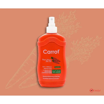 Carrot Spray Oil 200ml bottle with pump top for maximum tanning effect and skin protection, featuring natural ingredients.